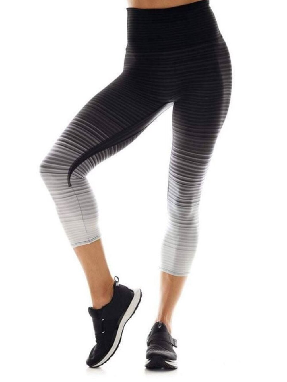 K-DEER Women's Capri Length Athletic Leggings in Grace Stripe Black White Medium